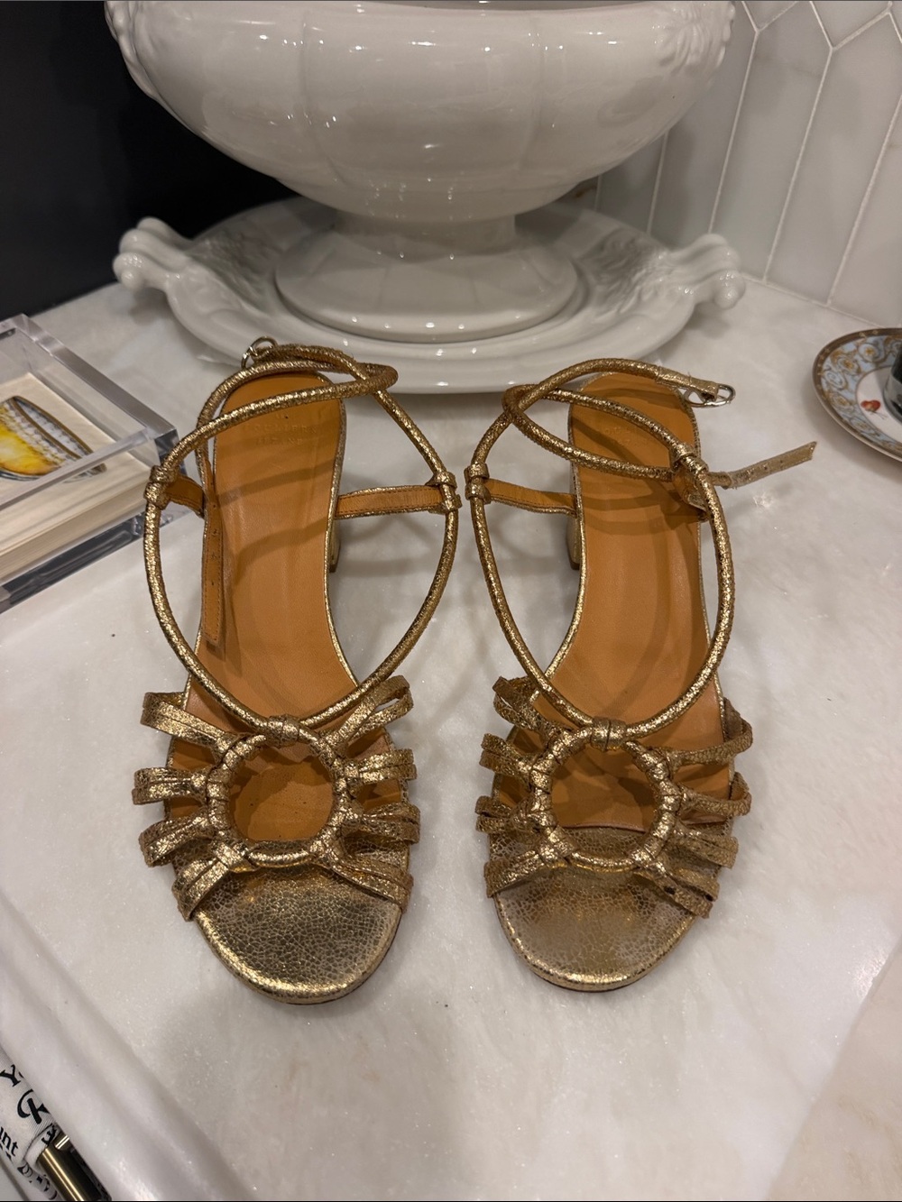 Sezane Metallic Gold Strappy Open-Toe Heels